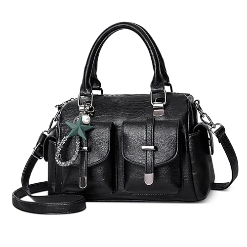 FOLOVEYA Handtasche Damen Mittelgroß Leder PU Retro Henkeltaschen Umhängetasche mit Elegant Anhänger Frauen Taschen Schultertasche für Arbeiten Reisen Dating Schwarz von FOLOVEYA