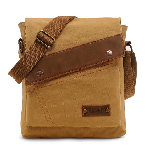 FOLOVEYA Retro Herren Umhängetasche Canvas Messenger Bag Klein Business Schultertasche Männer Kuriertasche Segeltuch Crossbody Herrentasche für Arbeit Schule Reise Universität Khaki von FOLOVEYA