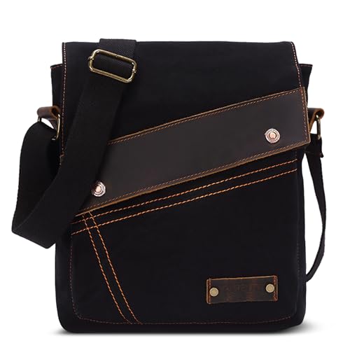 FOLOVEYA Retro Herren Umhängetasche Canvas Messenger Bag Klein Business Schultertasche Männer Kuriertasche Segeltuch Crossbody Herrentasche für Arbeit Schule Reise Universität Schwarz von FOLOVEYA