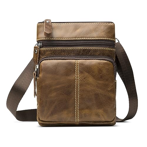 FOLOVEYA Retro Umhängetasche Herren Echtes Leder Klein Schultertasche Crossbody Casual Seitentasche Herrentasche Zum Umhängen Mini Messenger Bag für Reise Arbeite Sport Männer Handytasche Gelb von FOLOVEYA