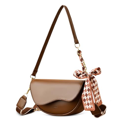 FOLOVEYA Umhängetasche Damen Kleine mit Schleife Elegant Schultertasche Leder PU Crossbody Bag Moderne Halbmond Crossbody Handtasche mit 2 Schulterriemen für Alltag Büro Reisen Einkauf Kaffee von FOLOVEYA