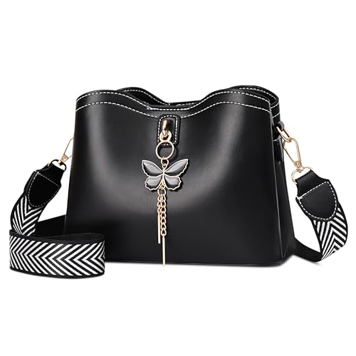 FOLOVEYA Umhängetasche Damen Mittelgroß Crossbody Bag Damen Breiter Gurt Modische Schultertaschen Frauen PU Leder Stylisch Schulter Handtasche mit 3 Fächern für Tägliches Arbeiten Einkaufen Schwarz von FOLOVEYA