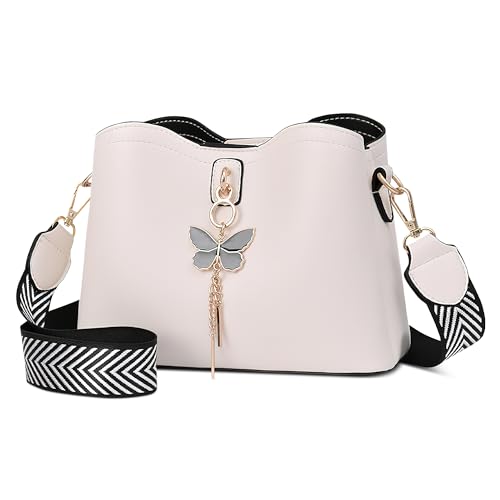 FOLOVEYA Umhängetasche Damen Mittelgroß Crossbody Bag Damen Breiter Gurt Modische Schultertaschen Frauen PU Leder Stylisch Schulter Handtasche mit 3 Fächern für Tägliches Arbeiten Einkaufen Weiß von FOLOVEYA