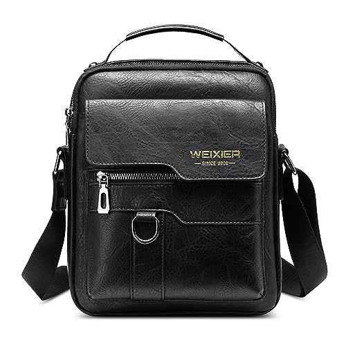 FOLOVEYA Vintage Umhängetasche Herren Klein Schultertasche Herrentasche Zum Umhängen Crossbody Messenger Bag Männer Shoulder Bag für Reise Arbeite Sport Wasserdichte PU Leder Handytasche Schwarz von FOLOVEYA