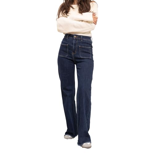 FOLYROSE Damen High Waist Wide Leg Jeans – Dunkelblaue Schlaghose mit Fransen – Vintage Look – Bequeme Stretch Denim Hose mit Aufgesetzten Taschen FOLYROSE Damen High Waist Wide Leg Jeans – Dunkelblaue Schlaghose mit Fransen – Vintage Look – Bequeme Stretch Denim Hose mit Aufgesetzten Taschen von FOLYROSE
