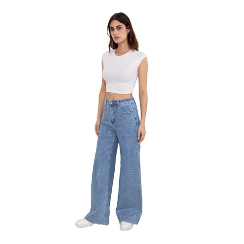 FOLYROSE Miss Bon Blue Jeans mit Strasssteinen – eleganter weiter Schnitt und Verzierung mit Strasssteinen für einen trendigen Look von FOLYROSE
