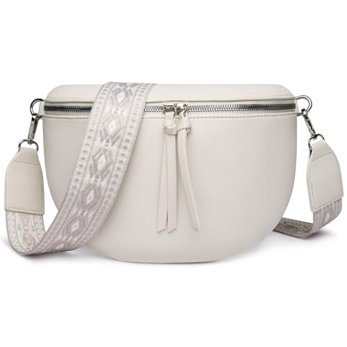 FOMAX Bauchtasche Damen, breiter Schulterriemen im Bohemian Style, extra Reißverschlussfach, silberner Doppel-Reißverschluss, Cross Body Umhängetasche Schultertasche von FOMAX