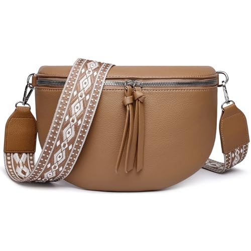 FOMAX Bauchtasche Damen, breiter Schulterriemen im Bohemian Style, extra Reißverschlussfach, silberner Doppel-Reißverschluss, Cross Body Umhängetasche Schultertasche von FOMAX