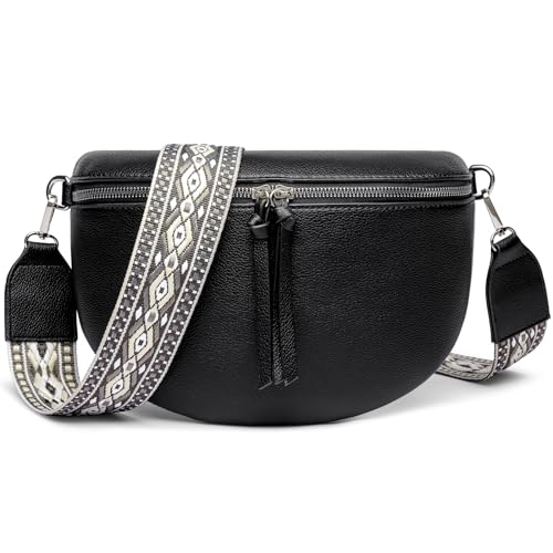 FOMAX Bauchtasche Damen, breiter Schulterriemen im Bohemian Style, extra Reißverschlussfach, silberner Doppel-Reißverschluss, Cross Body Umhängetasche Schultertasche von FOMAX