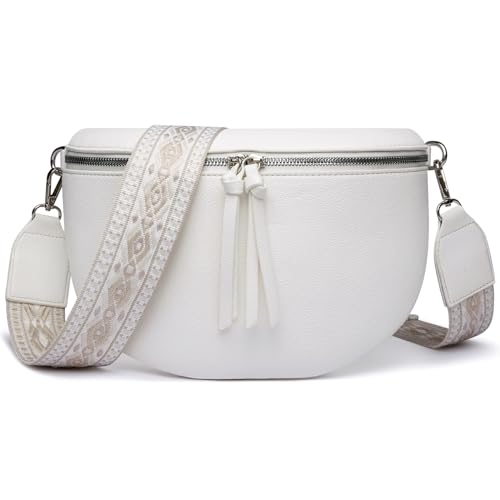 FOMAX Bauchtasche Damen, breiter Schulterriemen im Bohemian Style, extra Reißverschlussfach, silberner Doppel-Reißverschluss, Cross Body Umhängetasche Schultertasche von FOMAX