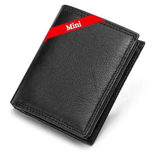 FOMAX Mini Herren Geldbörse aus echtem Leder mit RFID Schutz, 11 Kartenfächer, Klein & Kompakt, Hochformat, Schwarz von FOMAX