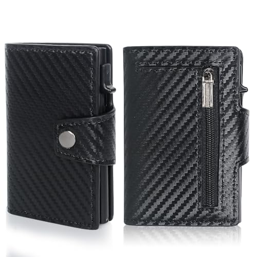 FOME Geldbeutel Herren, Carbon Fiber Card Slim Wallet Pop Up Aluminum Case mit Zip Coin Pocket, RFID Wallets für Männer, 7-9 Card Capacity von FOME