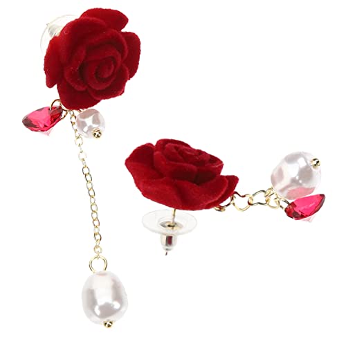 FOMIYES 1 Paar Roten Samt Rosenohrringe mit Perlen und Asymmetrischem Design Dangle Tassel Ohrringe für Frauen für Festivals und Besondere Anlässe von FOMIYES