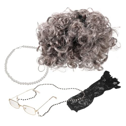 FOMIYES 1 Satz Oma Perücke Set Oma-brille Gläser Kette Für Erwachsene Uv Für Großmutter Alte Dame Kostüm Für Damen Alte Dame Kostüm Für Brillen Für Alte Damen Graue Perücke Plastik von FOMIYES