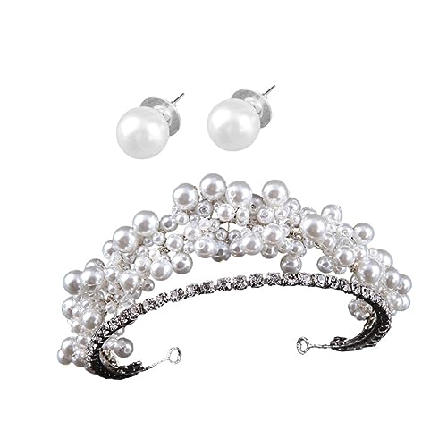 FOMIYES 1 Satz Perlen Tiara Braut Hochzeitskrone barocker Stil Brauthochzeitskrone Kronenkopfschmuck Hochzeit Diademe krone perlen Hochzeitskopfschmuck Perlenohrringe Legierung Weiß von FOMIYES