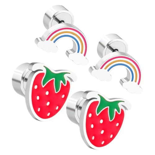 FOMIYES 2 Paare Kinderohrringe Set Erdbeer und Regenbogen Ohrstecker Klein Süß Hypoallergen für Mädchen Modisch Vielseitig und Leicht Kombinierbar von FOMIYES