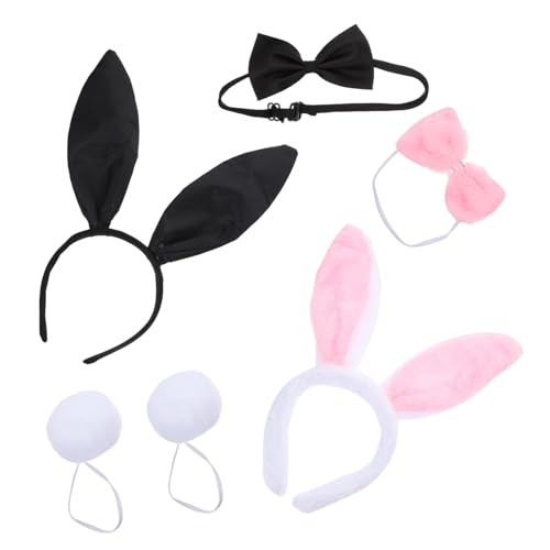 FOMIYES 2 Sätze Hasenohren Haarreif und Flauschige Plüschschwänze Kostümzubehör für Erwachsene Leichtes Cosplay Karneval Halloween Festival und Party Schwarz und Rosa von FOMIYES