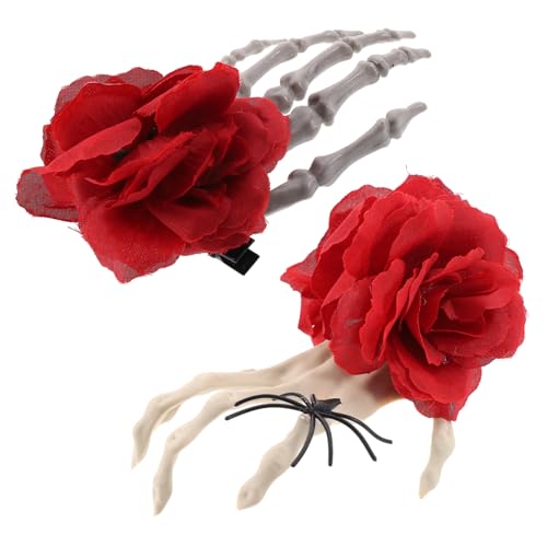 FOMIYES 2 Stck Gothic Haarspangen Skelett Hand mit Roten Rosen Halloween Haarschmuck für Mädchen Dekorative und Praktische Haarclips für Partys von FOMIYES