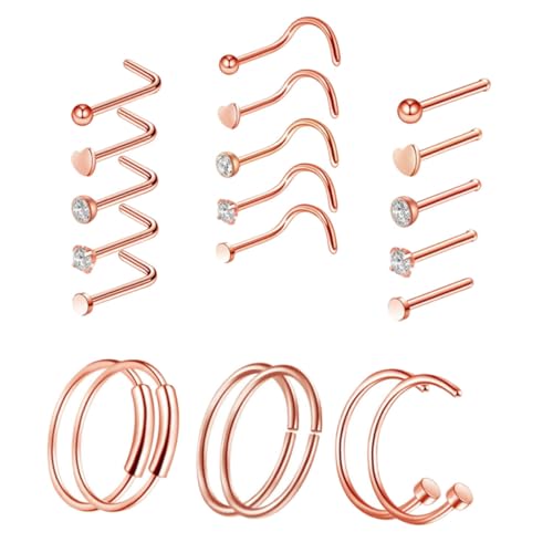 FOMIYES 21 STÜCKE Teiliges Piercing Nasenring aus Rostfreiem Edelstahl Stabile Nasenstecker und Modische Nasenschmuck Accessoires in Roségold Geeignet für Damen und Herren Robust und von FOMIYES