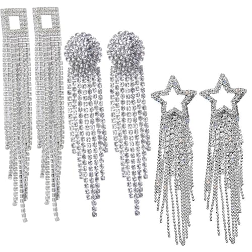 FOMIYES 3 Paare Damen Ohrringe Silberfarben Lange Tropfen Ohrhänger mit Glänzenden Strasssteinen und Quasten Eleganter Ohrschmuck für Alltag Party Hochzeit und Festlichkeiten von FOMIYES