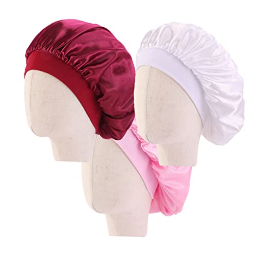 FOMIYES 3stücke Kindermütze Schlafmütze Mit Breiter Krempe Aus Satin Haarhaube Für Junge Mädchen Elastisch Und Bequem Weiß Rosa Weinrot von FOMIYES