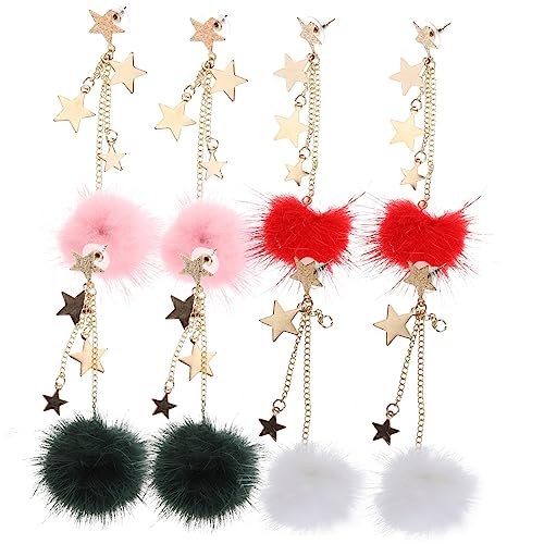 FOMIYES 4 Paare Pom Pom Ohrhänger mit Kunstfellbällen Leichte Baumelohrringe in Weiß Rot Grün Modische Damen Ohrschmuck Vielseitig Kombinierbar Handgefertigt Komfortabel zu Tragen von FOMIYES
