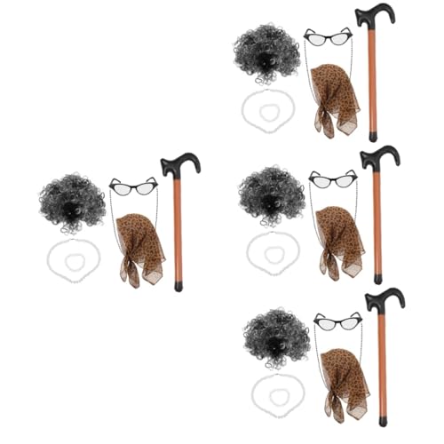 FOMIYES 4 Sätze Ältere Perückenanzug Oma Perücken Oma Kostüm Perücke Kostüm alte Dame Perücke Großmutter Kostüm Perücke Senior Leistungsperücke Partyfrauenperücke Chiffon von FOMIYES