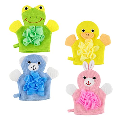 FOMIYES 4 Stück Teiliges Cartoon Badetücher für Komfortable Waschlappen mit Handschuhen zum Reinigen und Peelen Für Tägliche Anwendung im Bad Gelbe Ente Grüne Frosch Rosa Hase Blaue Bär von FOMIYES