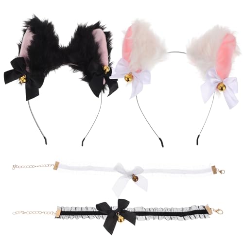FOMIYES 4 Stück Teiliges Katzenohren Stirnband und Glöckchen halskette Niedliches Cat Cosplay Kostümzubehör für Mädchen Damen Halloween Karneval Party von FOMIYES