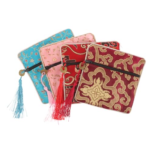 FOMIYES 4 Stück Teiliges Satin Schmucktaschen mit Reißverschluss Bestickte Kosmetiktaschen für Damen Lippenstift und Schmuckaufbewahrung Weiche Stilvolle Reisebeutel Rot Weinrot Blau von FOMIYES