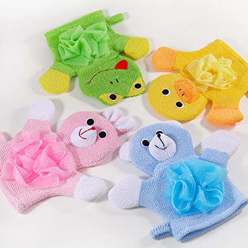 FOMIYES 4Pcs Cartoon-Badehandschuh Für Kinder Mit Doppeltem Verwendungszweck Waschlappen Handschuhe Kinder Körpertücher Niedliches Tier Rückenwäscher (Kaninchen Bär Frosch Entlein) von FOMIYES