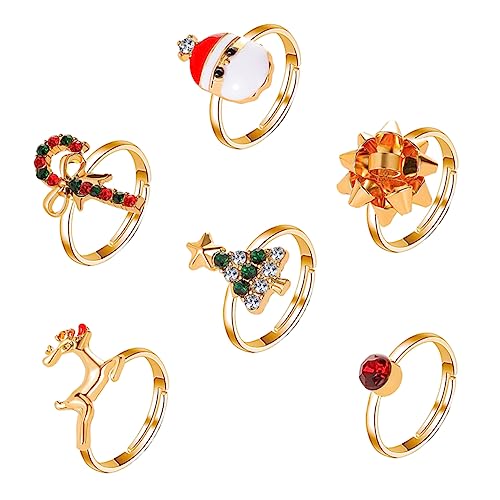 FOMIYES 6 Stück Teiliges Weihnachtsring Set für Damen Verstellbare Finger Ringe mit Weihnachtsbaum Elch und Santa Design Modischer Schmuck für Festliche Anlässe und Alltag von FOMIYES