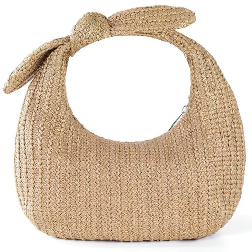 FOMIYES Beige Stroh Handtasche Schleife Geldbörse Polyester Clutch für Frauen Trendy Strandtasche von FOMIYES