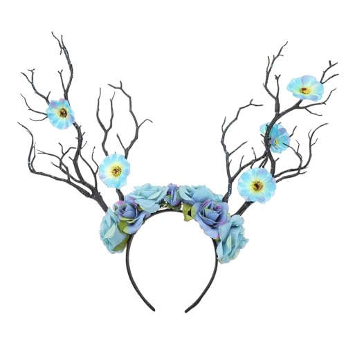 FOMIYES Blaues Blumen Haarreif mit Großen Hirschgeweih Festival Party Kopfschmuck Karneval Kostüm Stirnband für Damen und Mädchen von FOMIYES