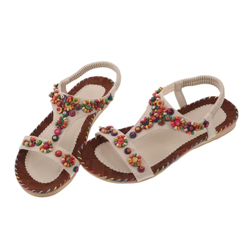 FOMIYES Boho Ethno Sandalen Damen Flache Sommer Sandalen mit Knöchelriemen und Perlenverzierung Rutschfeste Strand Schuhe Leicht und für Alltag und Urlaub von FOMIYES