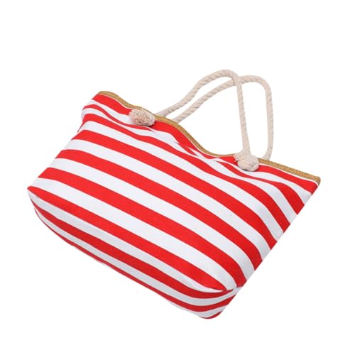 FOMIYES Canvas Schultertasche Damen Handtasche mit Reißverschluss Gestreifte Sommer Strandtasche Leichte Umhängetasche für Shopping Reisen und Alltag Modisch und Tragbar Rot von FOMIYES