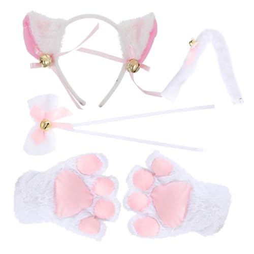 FOMIYES Cat Cosplay Kostüm Damen Katzenohren Stirnband Katzenschwanz Katzenpfoten Fliege Weiß Teiliges Rollenspiel Zubehör für Karneval Halloween Party von FOMIYES