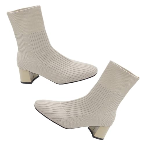 FOMIYES Chunky Heel Damenstiefeletten Herbst Warm Strickstiefel mit Blockabsatz Komfortable Kurze Boots für Alltag und Outdoor Strapazierfähig und Modisch Beige von FOMIYES