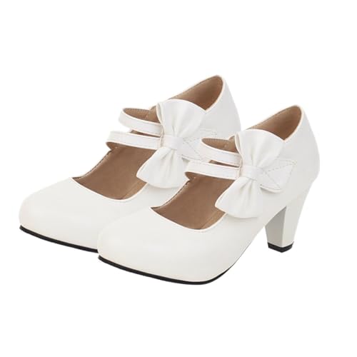 FOMIYES Damen Chunky High Heeled Schuhe mit Schleife Weiße Mary Pumps mit Bequemem Blockabsatz rutschfeste Sohle Halbschuhe für Alltag und Party von FOMIYES