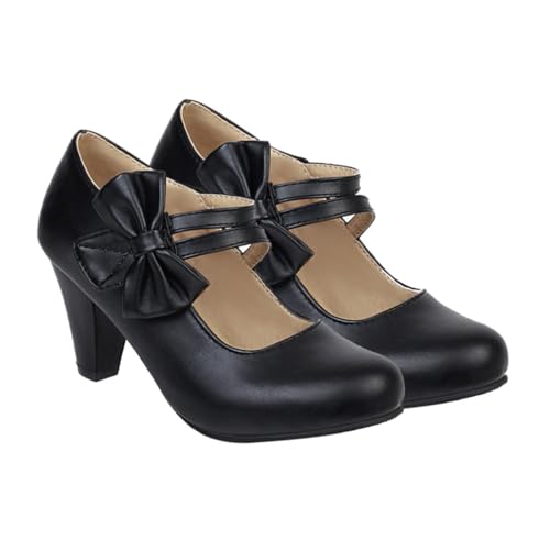FOMIYES Damen Chunky High Heels mit Schleifen Design Grober Absatz Flache Öffnung Pumps für Partys Büro und Besondere Anlässe Schwarze Mary Schuhe von FOMIYES