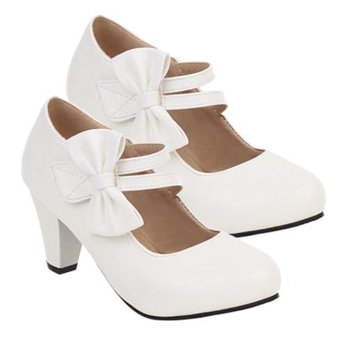 FOMIYES Damen Chunky High Heels mit Schleifenverzierung rutschfeste Gummisohle Halboffene Pumps für Partys Büro und Besondere Anlässe Weiß von FOMIYES