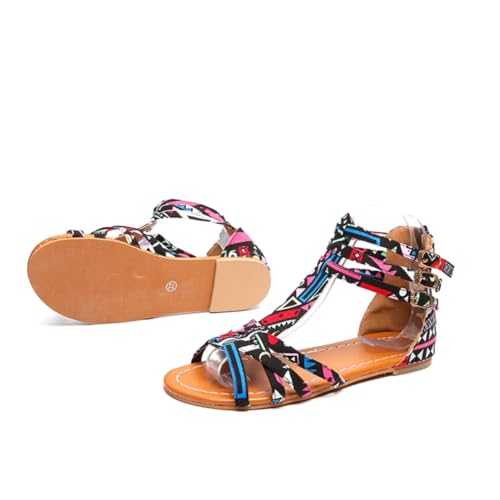 FOMIYES Damen Flache Sandalen Boho Ethno Stil Sommerliche Rutschfeste Strapazierfähige Flache Schuhe mit Riemen Geeignet für Strand Freizeit Kombinierbar mit Jeans und Röcken Schwarz von FOMIYES