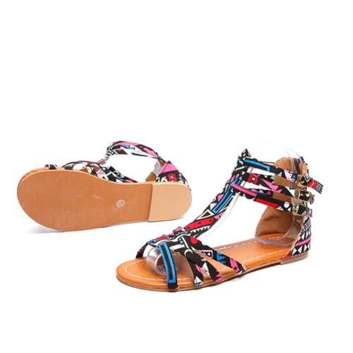 FOMIYES Damen Flache Sandalen Ethnischer Stil Sommerstrand Schuhe Schwarz Rutschfeste Sohle Strapazierfähiges Material Komfortable Freizeit Fußbekleidung von FOMIYES