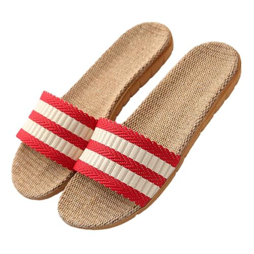 FOMIYES Damen Hausschuhe Sommer Offen Atmungsaktiv Leicht EVA Laufsohle Rutschfest Komfortabel für Indoor Wohnzimmer Schlafzimmer Bequeme Leinen Slipper Rot von FOMIYES