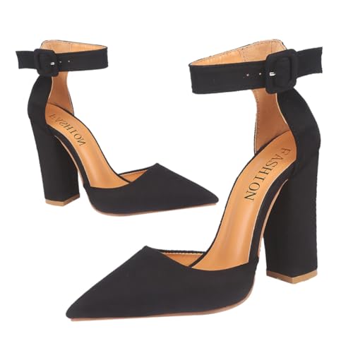 FOMIYES Damen High Heel Pumps mit Klobigem Absatz Spitze Zehen Verstellbarem Riemen Stilvolle Schwarze Schuhe für Frühling Sommer rutschfeste Sohle Komfortabel und Langlebig von FOMIYES