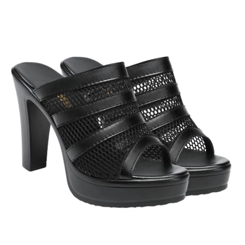 FOMIYES Damen High Heel Sandalen mit Stabilem Dickem Absatz Atmungsaktive Netzoptik Sommerschuhe für Outdoor Bequeme Slipper in Schwarz von FOMIYES
