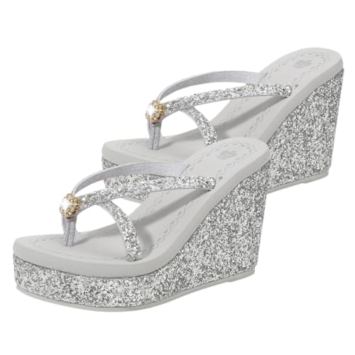 FOMIYES Damen High Heel Sandaletten mit Glitzersteinen Modische Sommerschuhe Rutschfeste Pantolette für Strand und Freizeit Elegant und Angenehm Geeignet für Kleider und Hosen Silber von FOMIYES