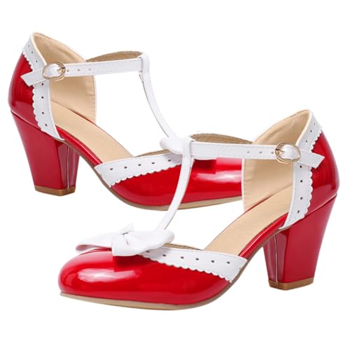 FOMIYES Damen High Heel Sandaletten mit Schleifendekor Runder Zehenbereich Rote Sommerschuhe Patentleder PU Material Leichter Absatz Elegant für Alltag und Arbeit von FOMIYES
