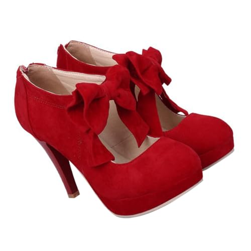 FOMIYES Damen High Heels Bowknot Pumps Rundzehen Rote Wildleder Schuhe Stilvolle Absätze für Frühling Sommer Party Büro Anlass von FOMIYES