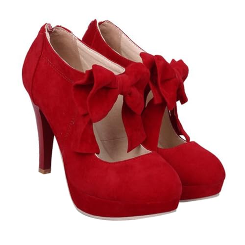 FOMIYES Damen High Heels Rundzehen Bowknot Schuhe rutschfest Atmungsaktiv Modisch Sommerabsatz Rot von FOMIYES